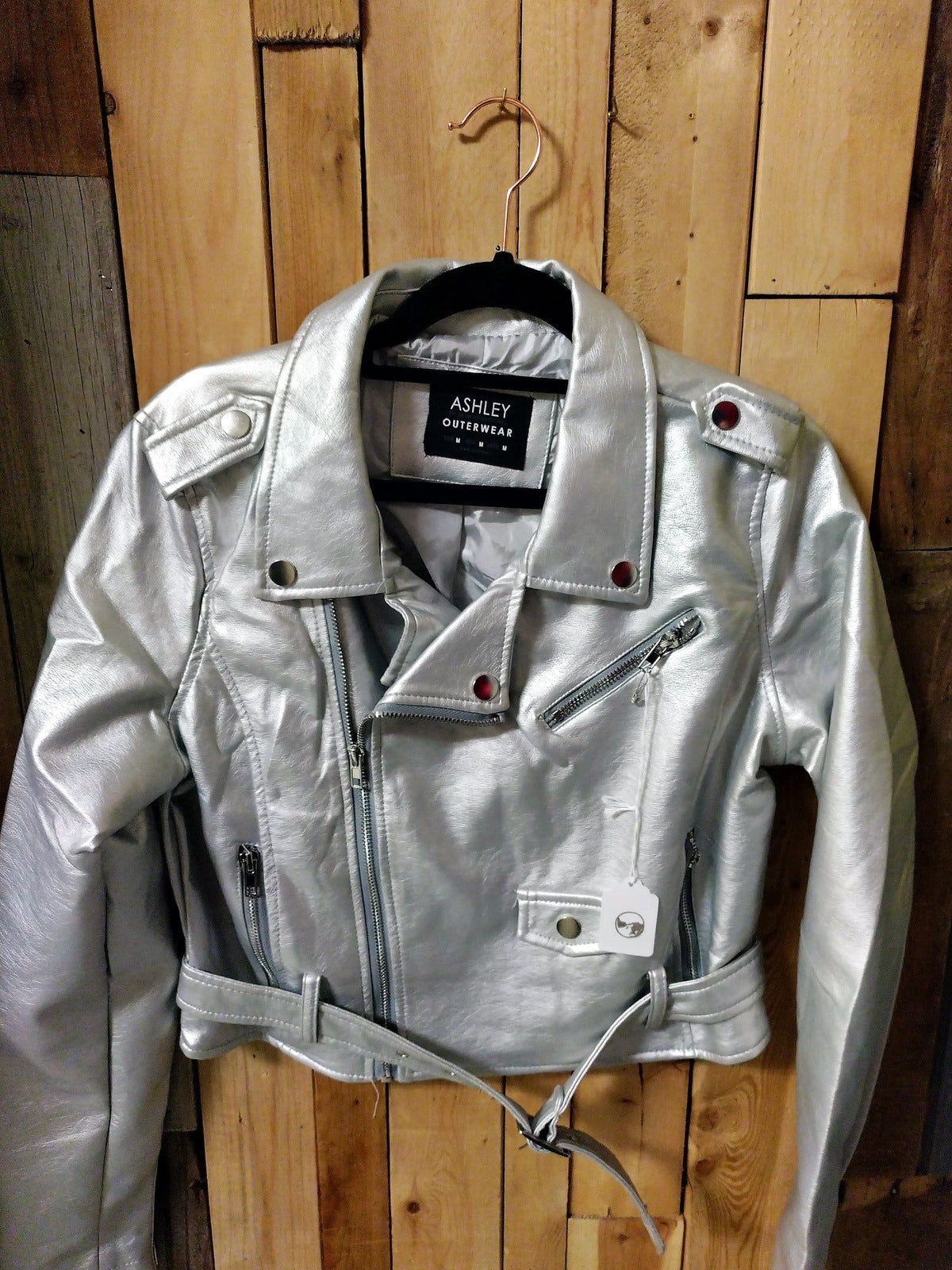 Ashley Outerwear Women's Moto Vegan Leather Size Medium Silver