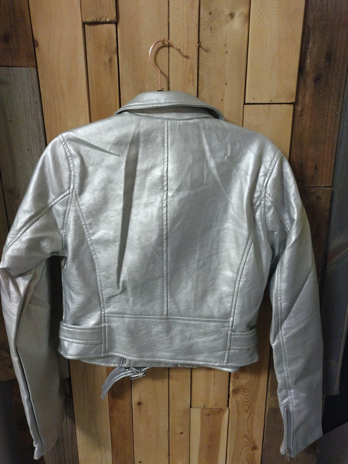 Ashley Outerwear Women's Moto Vegan Leather Size Medium Silver