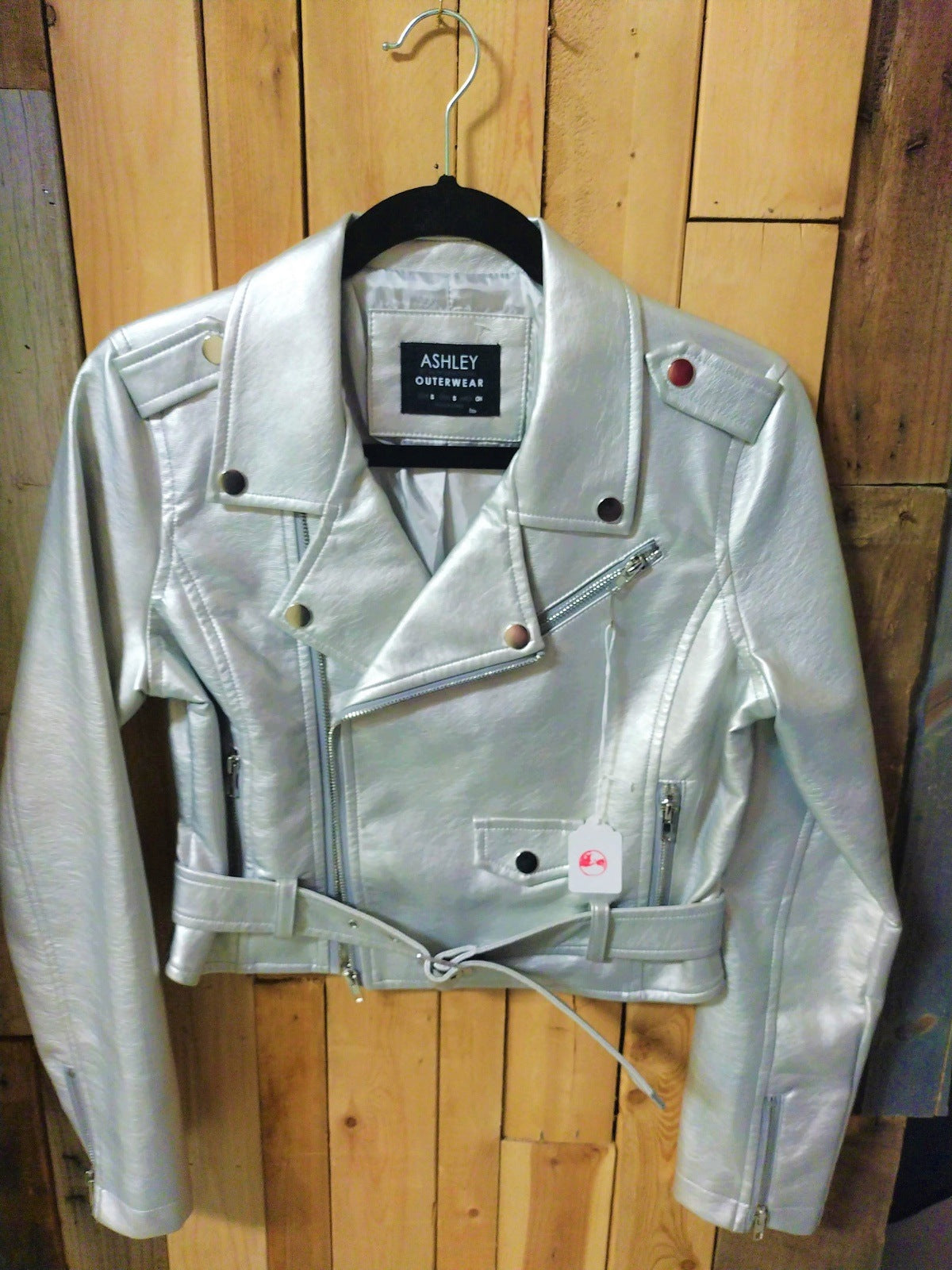 Ashley Outerwear Women's Moto Vegan Leather Size Small Silver
