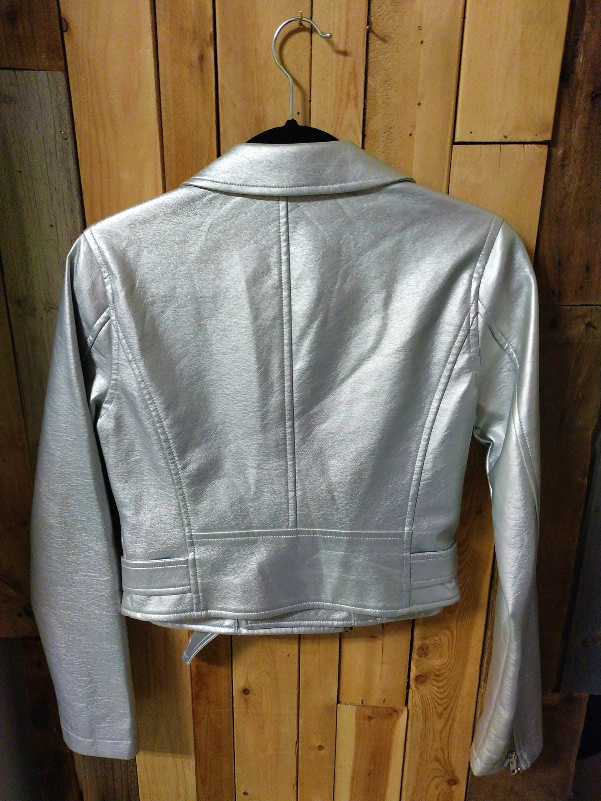 Ashley Outerwear Women's Moto Vegan Leather Size Small Silver