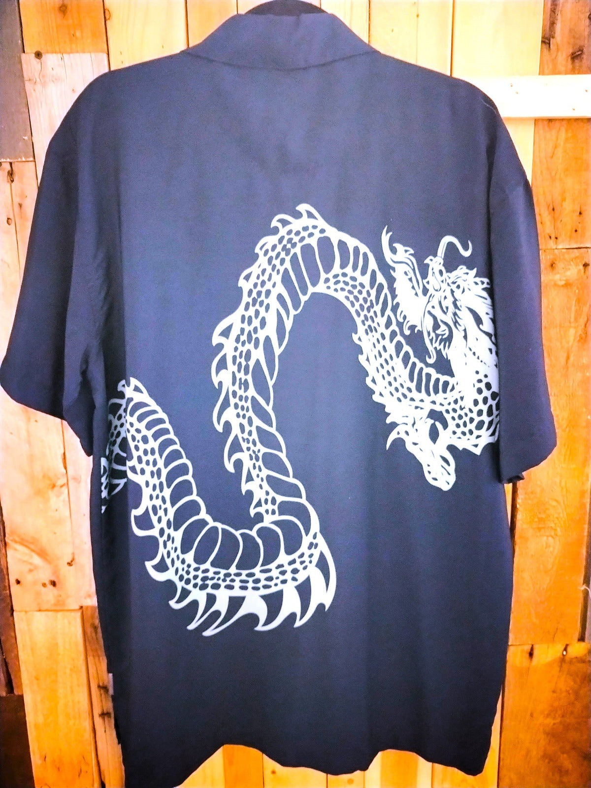 Piping Hot Men's Y2K Dragon Button Up Shirt Navy Size M-L