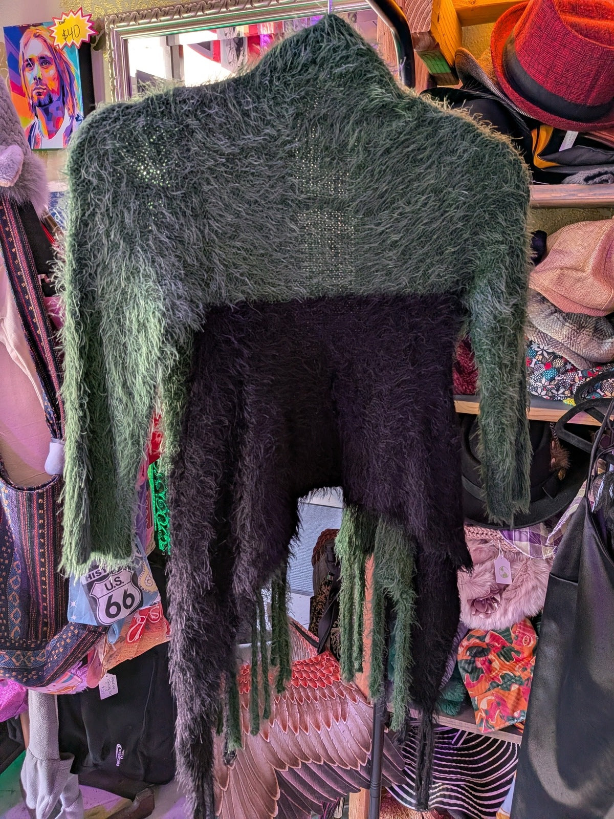 Alberto Makali XS Green & Black Fringe Style Open Cardigan