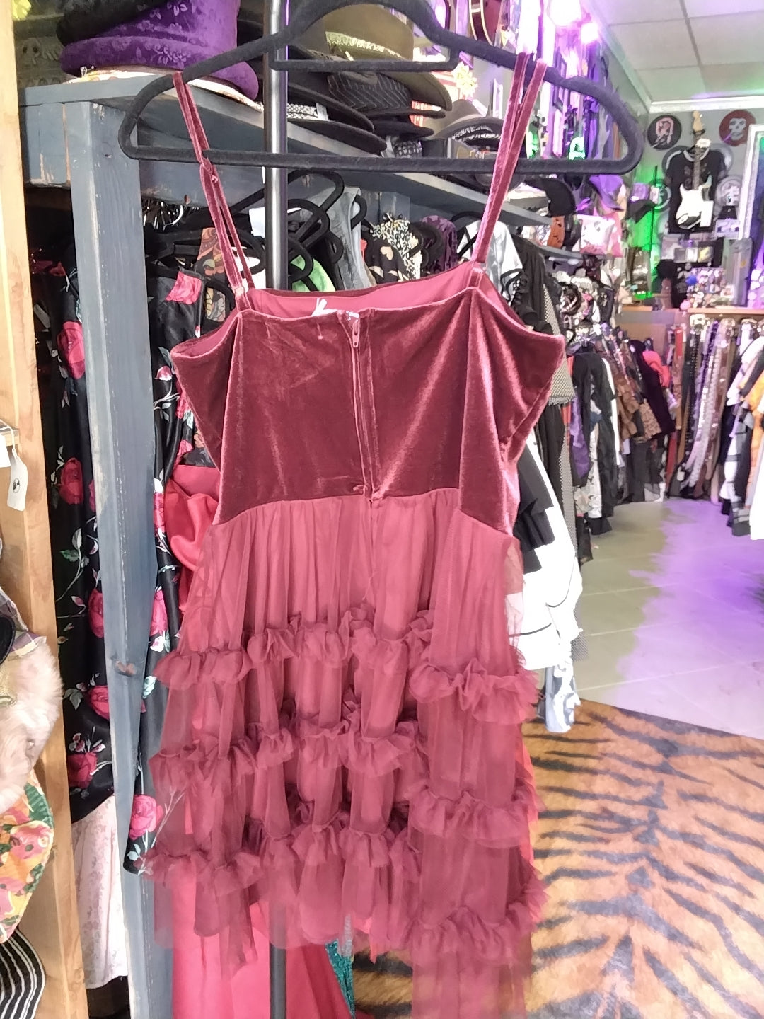 Trixie Red Velvet/Mesh Ruffles Mini Dress Size Med.