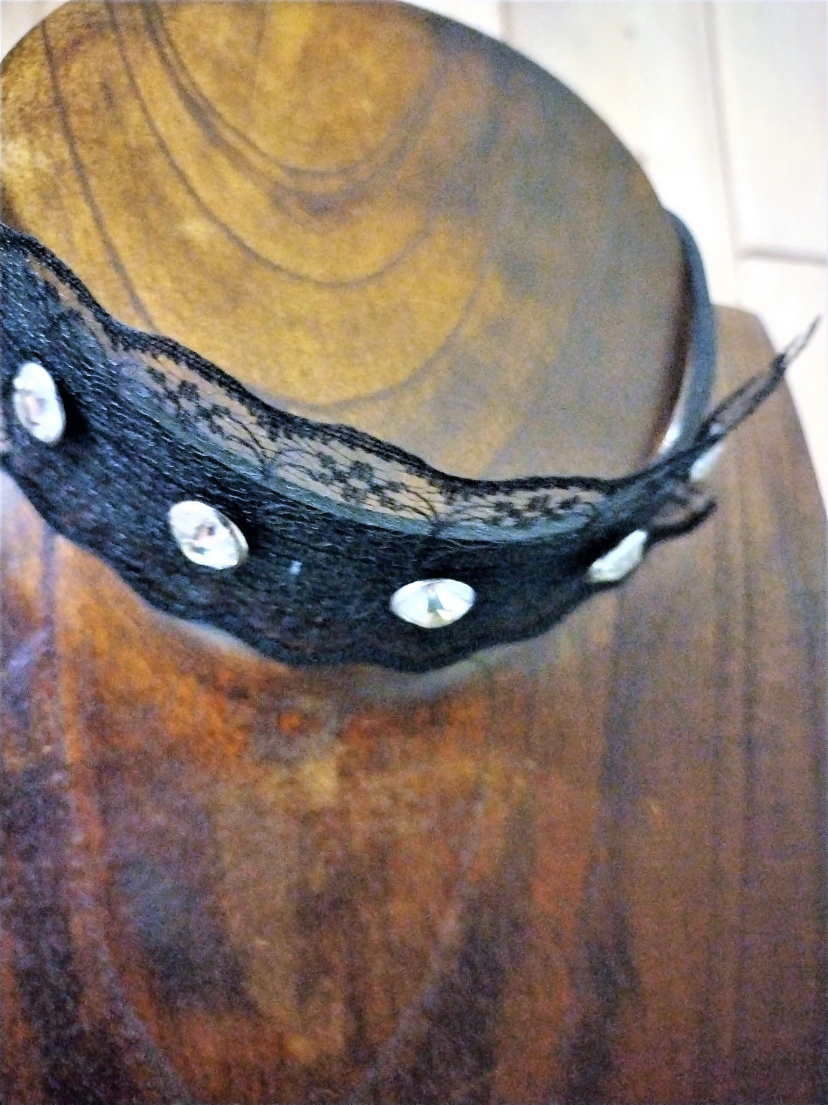 Black Vegan Leather Choker with Black Lace and rhinestones