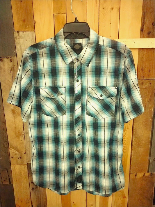 Harley Davidson Official Merchandise Men's Short Sleeve Snap Button Plaid Shirt Size Large