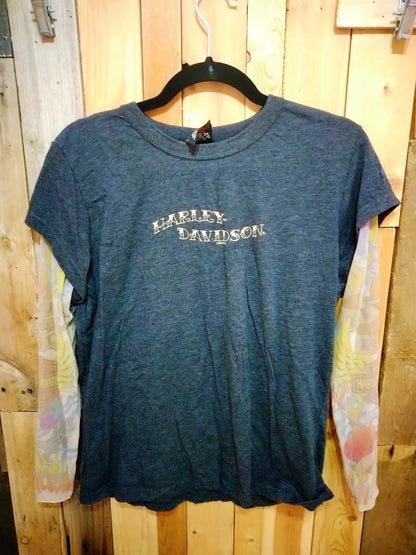 Harley Davidson Women's Tattoo Sleeve Top T Shirt Size Large Mackinaw City MI.