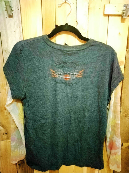 Harley Davidson Women's Tattoo Sleeve Top T Shirt Size Large Mackinaw City MI.