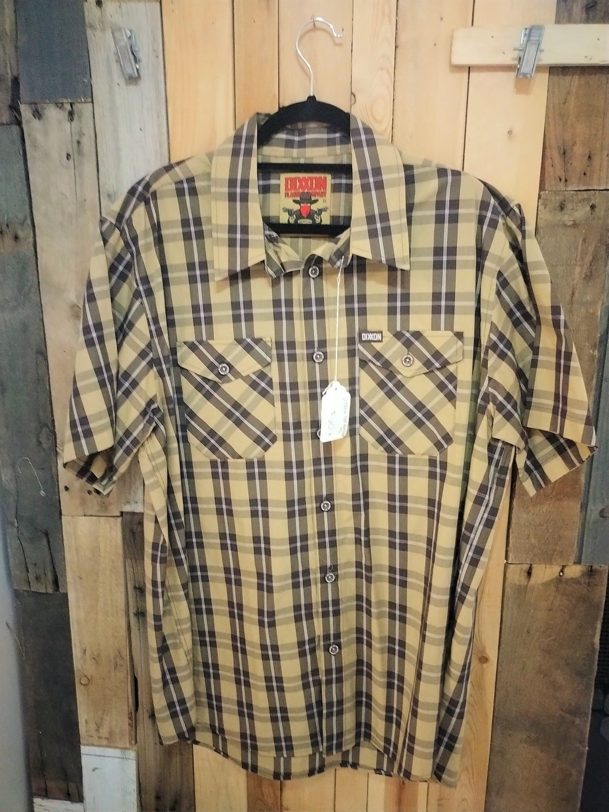 Dixxon Flannel Company "The Rustler" Men's Short Sleeve Button Up Khaki Plaid Shirt Size XL