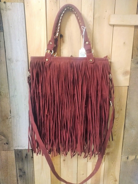 Suede Fringe Purse Wine Red