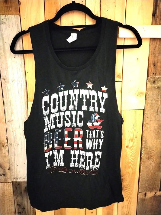"Country Music and Beer, That's Why I'm Here" Tank Top Size Medium