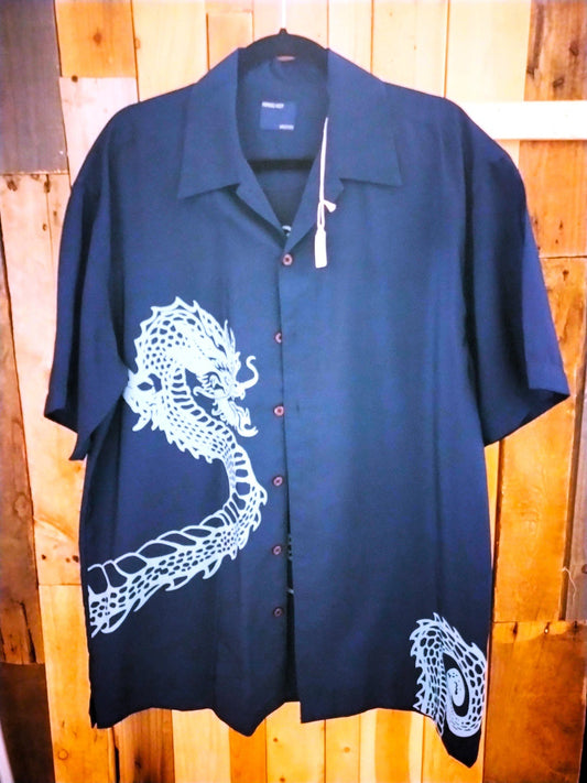 Piping Hot Men's Y2K Dragon Button Up Shirt Navy Size M-L