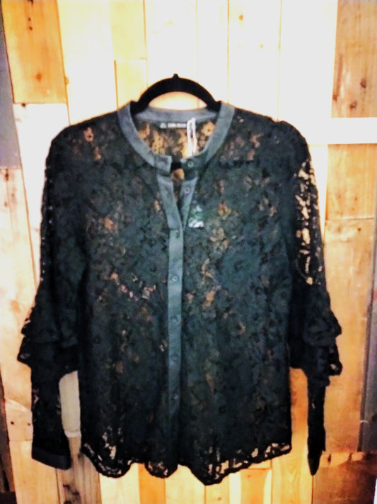 Zara Basic Women's Black Lace Long Sleeve Top Size Large