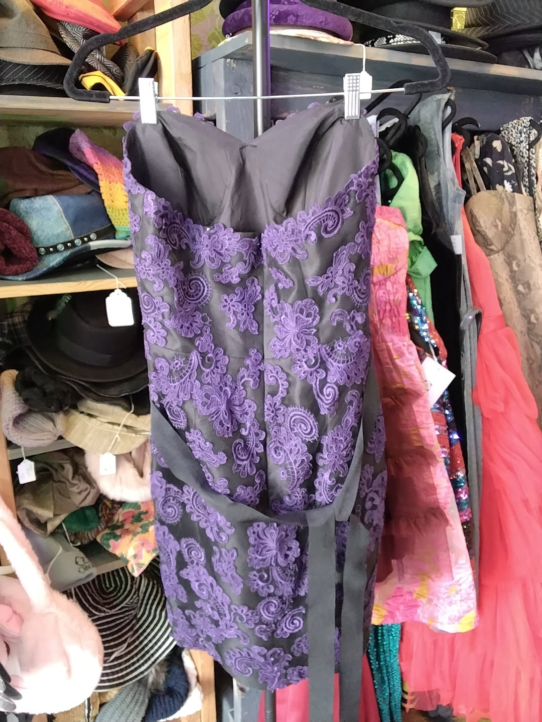 LOVE Black & Purple Lace Strapless Mini Dress With Floral Waist Belt Size 8
