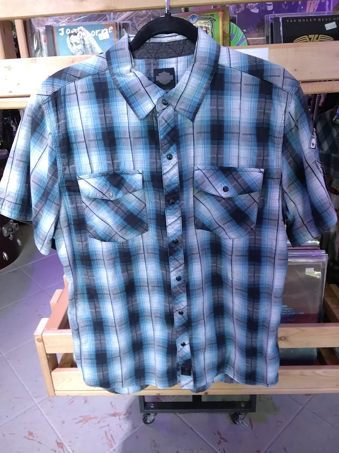 Blue Plaid Harley Davidson Button Up Shirt