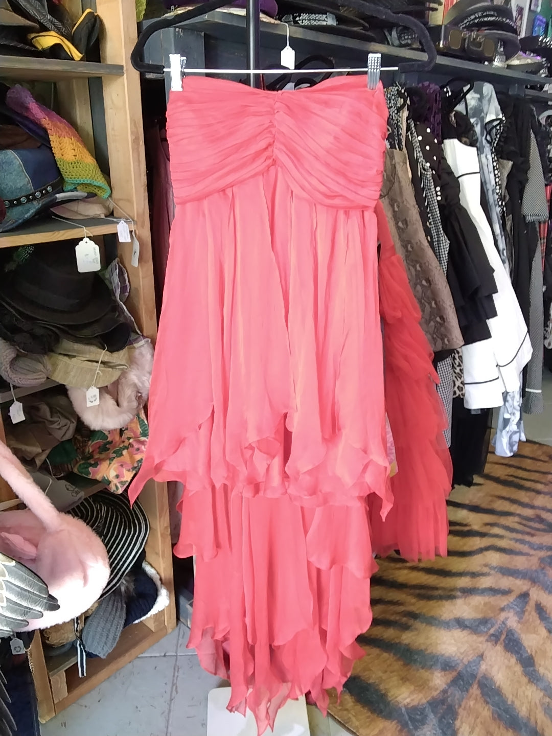 Deep Red Strapless Dress Lightweight Mesh Ruffled Short Front-Long Back Size L