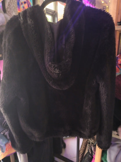 36point5 Black Fur Zip Up Hoodie Jacket Large