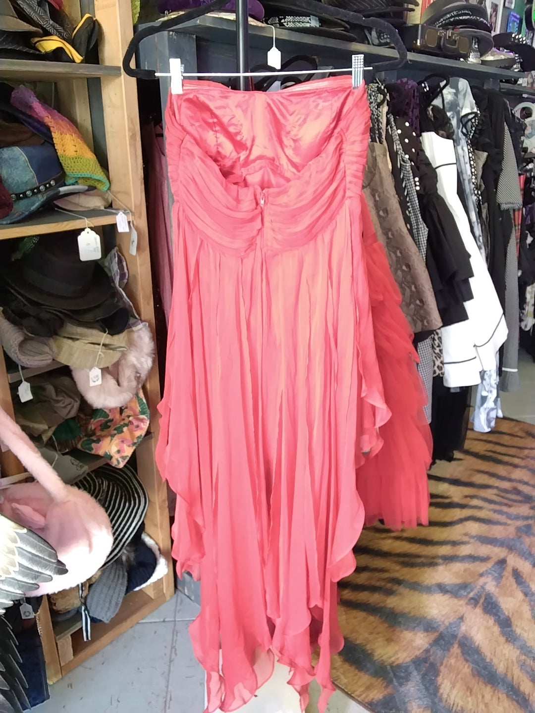 Deep Red Strapless Dress Lightweight Mesh Ruffled Short Front-Long Back Size L
