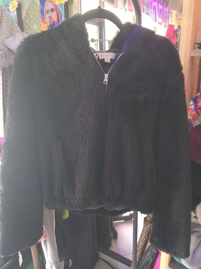 36point5 Black Fur Zip Up Hoodie Jacket Large