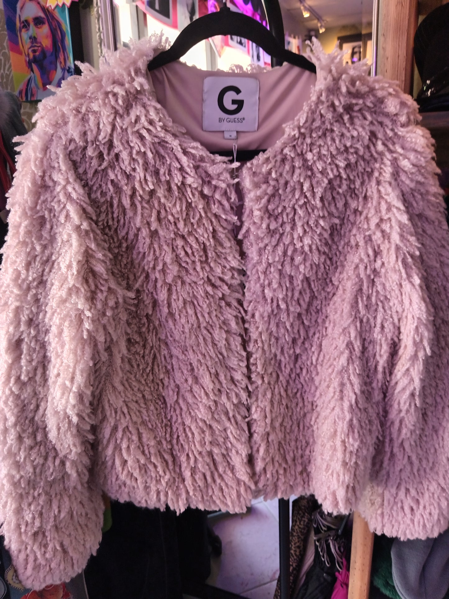 G by Guess Medium Pink Faux Fur Shag Coat