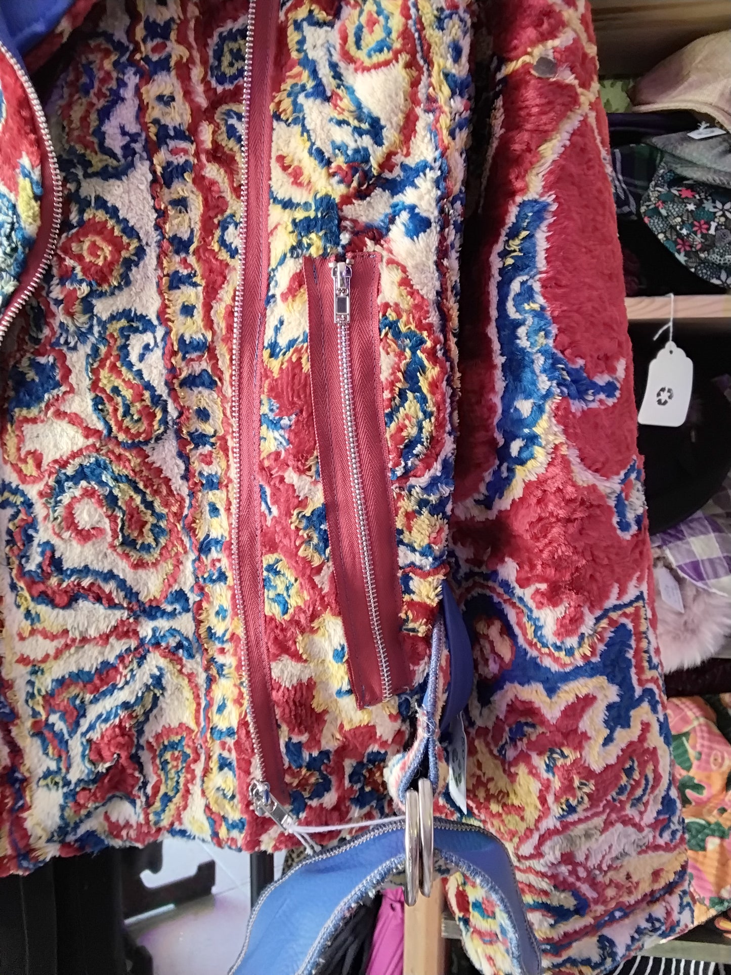 One-Of-A-Kind Custom Macedonian Red & Blue Velvet Leather Moto Jacket 20x24.5