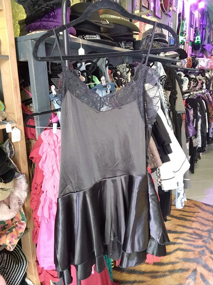 DollsKill Widow "Seraphs and Sinners" Black Satin A-Semetrical Mini Dress With black Mesh Wings Size Med.