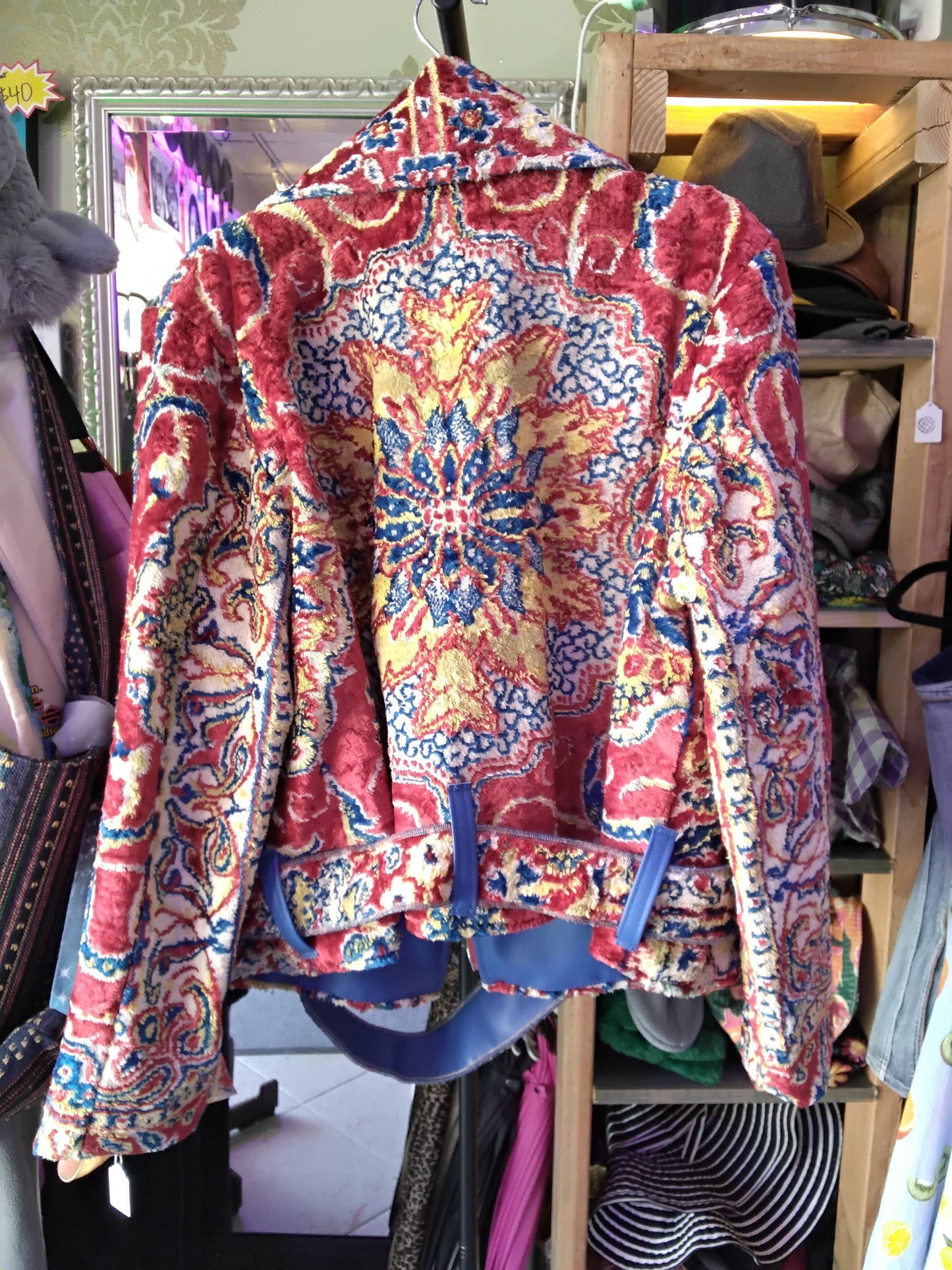 One-Of-A-Kind Custom Macedonian Red & Blue Velvet Leather Moto Jacket 20x24.5