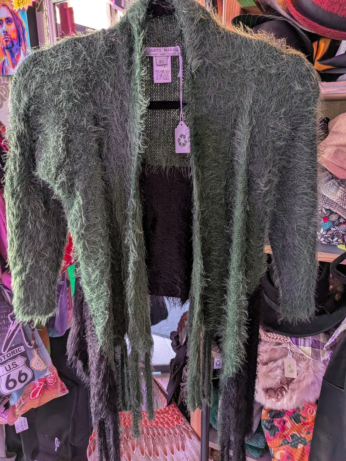 Alberto Makali XS Green & Black Fringe Style Open Cardigan