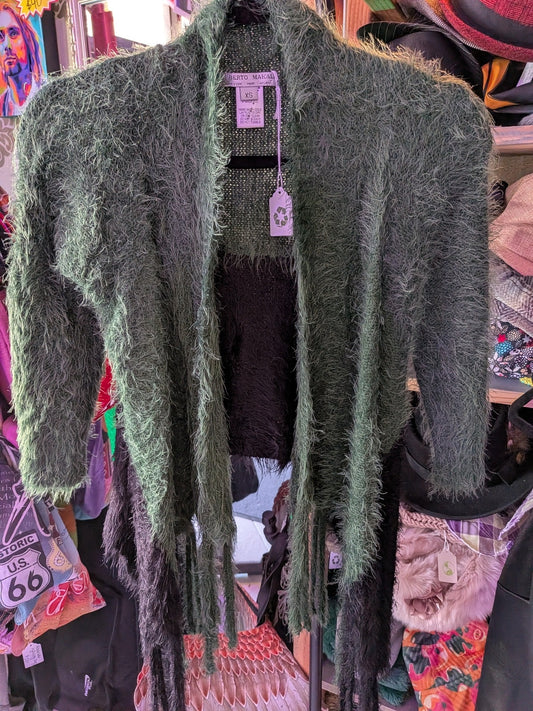 Alberto Makali XS Green & Black Fringe Style Open Cardigan