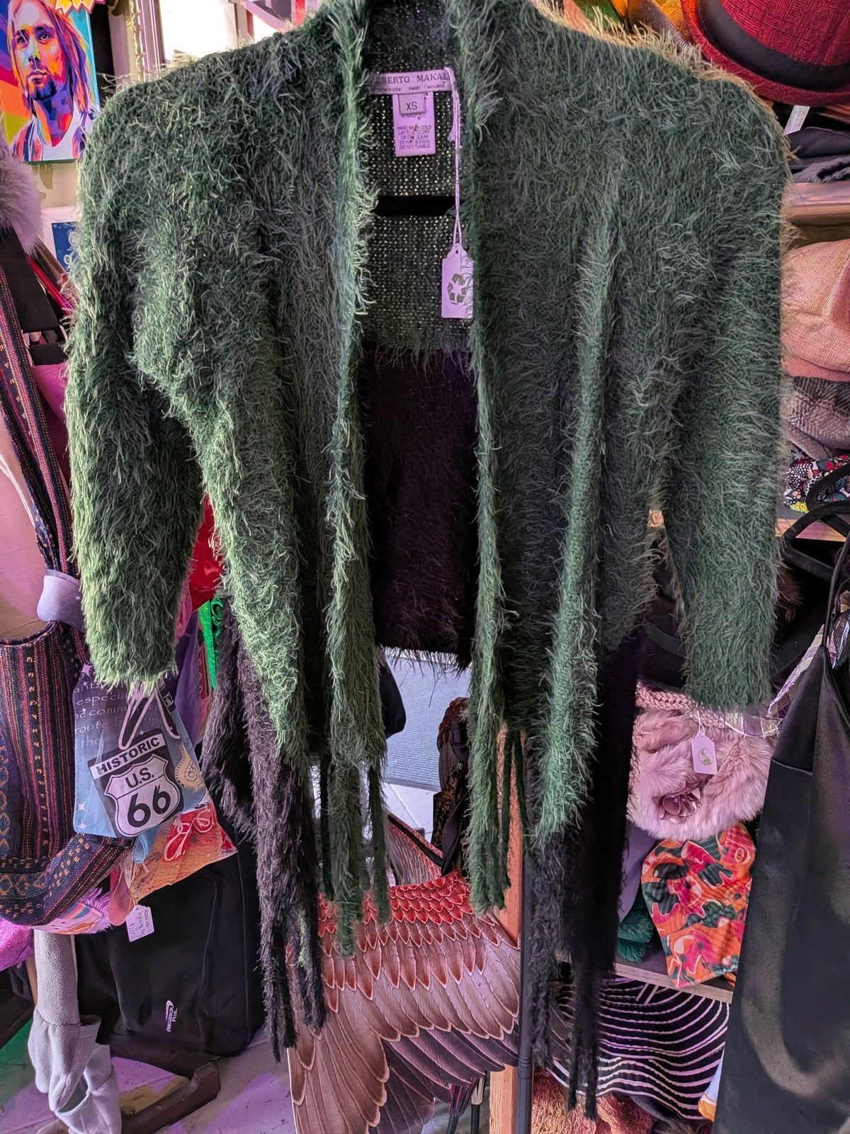 Alberto Makali XS Green & Black Fringe Style Open Cardigan