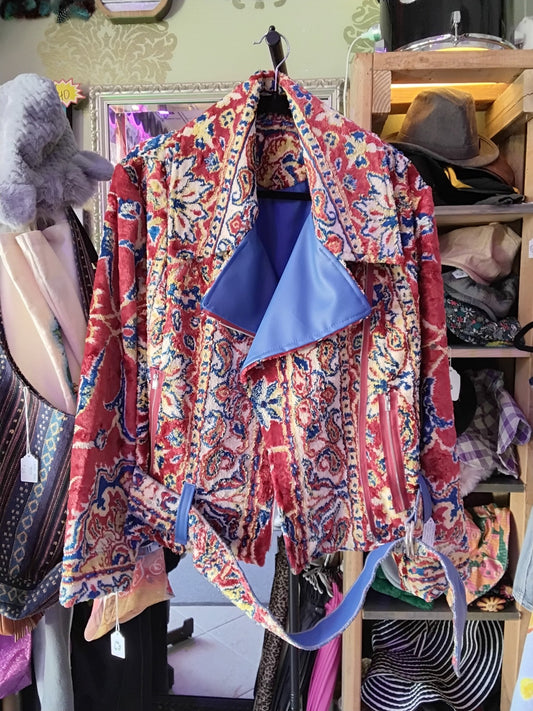 One-Of-A-Kind Custom Macedonian Red & Blue Velvet Leather Moto Jacket 20x24.5