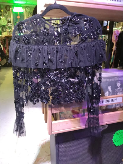 Zara Gothic beaded sheer mesh blouse