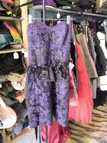 LOVE Black & Purple Lace Strapless Mini Dress With Floral Waist Belt Size 8