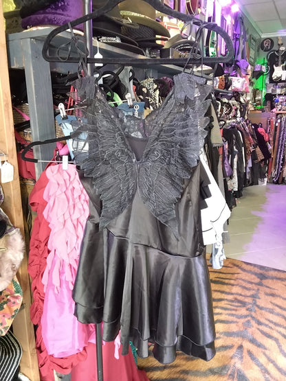DollsKill Widow "Seraphs and Sinners" Black Satin A-Semetrical Mini Dress With black Mesh Wings Size Med.