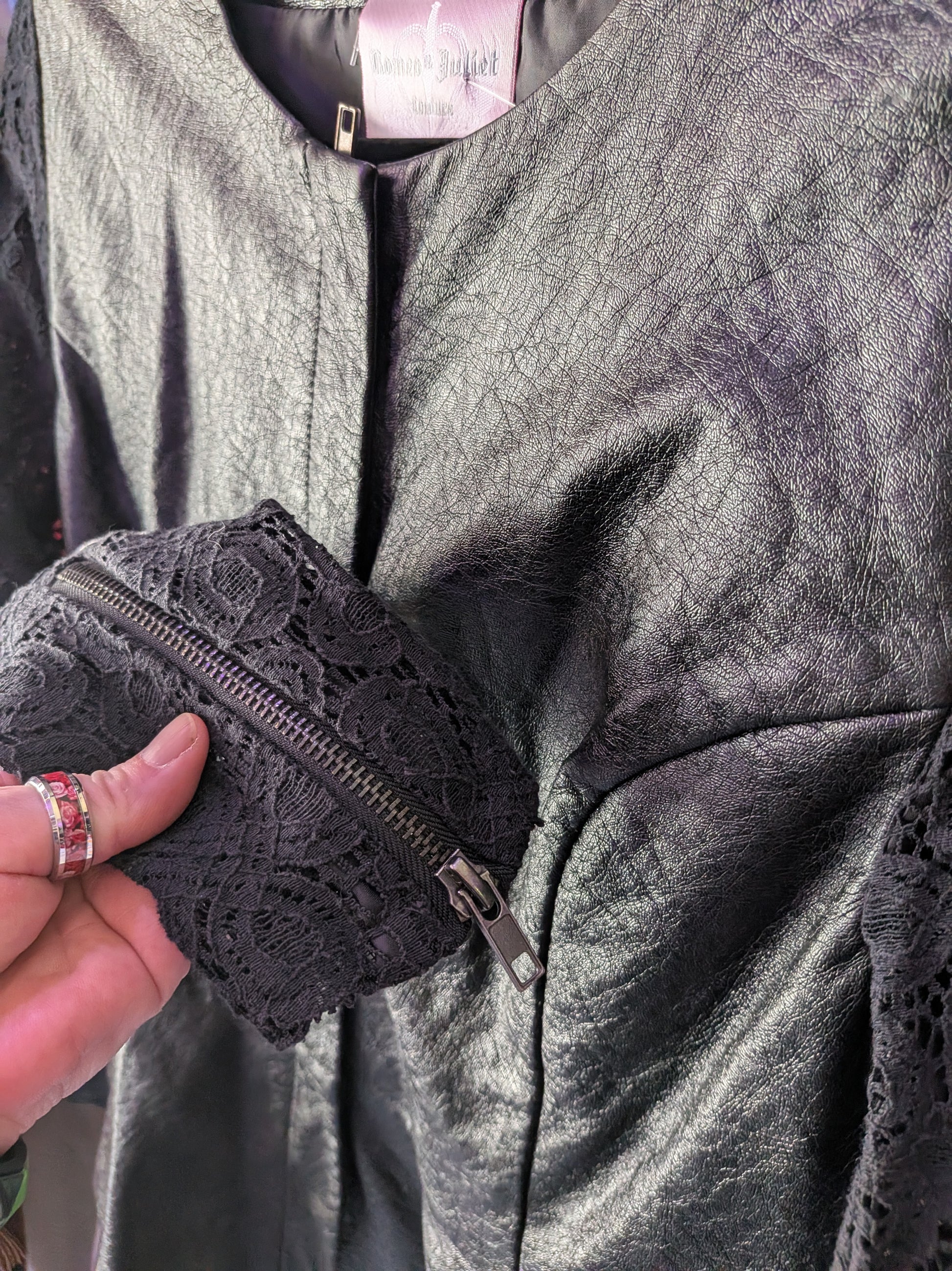 Romeo & Juliet Couture Small Black Faux Leather & Lace Jacket