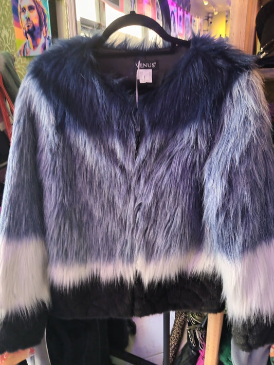 Venus Size 6 Blue Ombre to Black Faux Fur Coat New Without Tags