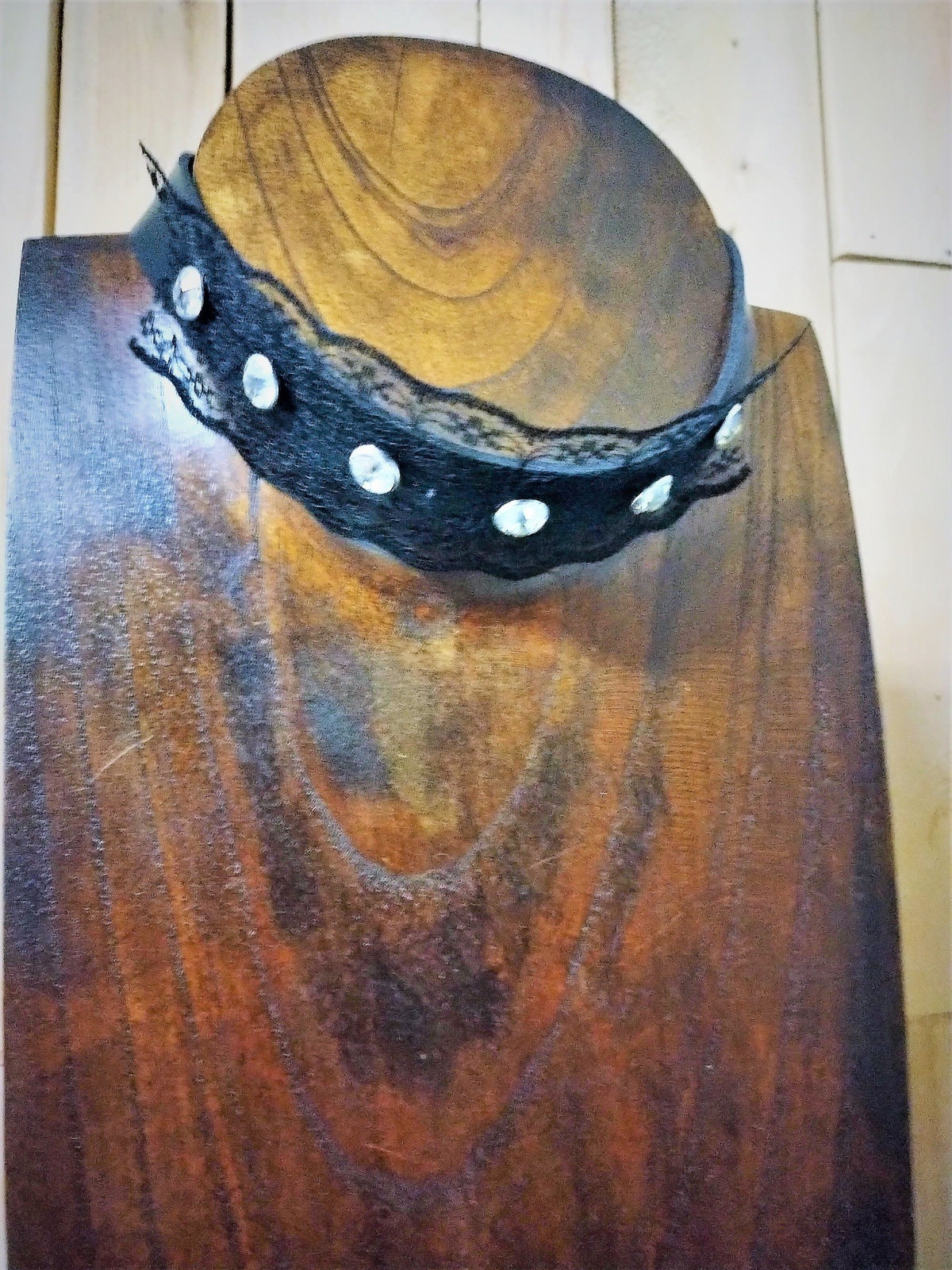 Black Vegan Leather Choker with Black Lace and rhinestones